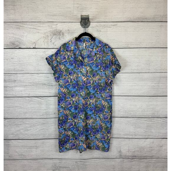 Anniewear Women's Blue & Purple Floral Button Up Mini Dress Size Large - Picture 1 of 8